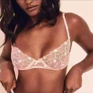 For Love & Lemons XL Love Letter Hearts Daisy Sheer Unlined Bra Pink New (VS)
